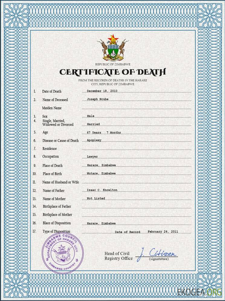 Modèle PSD de certificat de décès du Zimbabwe